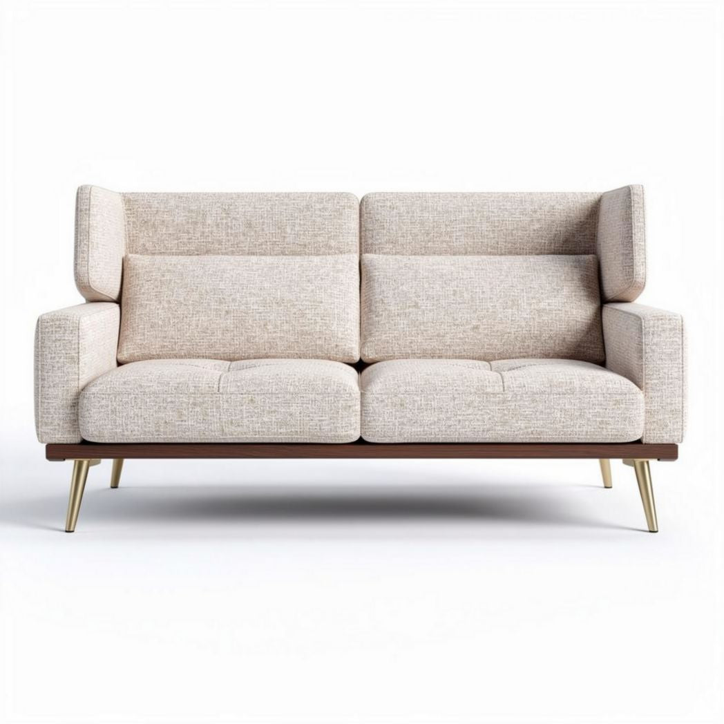 Two-seater sofa in beige fabric with wooden base and gold legs 180 x 90 x 85cm