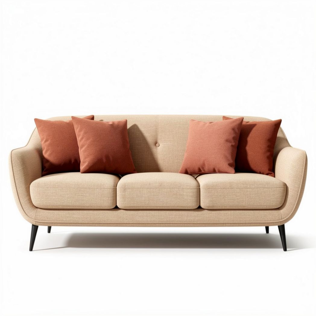 Beige fabric sofa with removable cushions and black metal legs 210 x 90 x 85cm