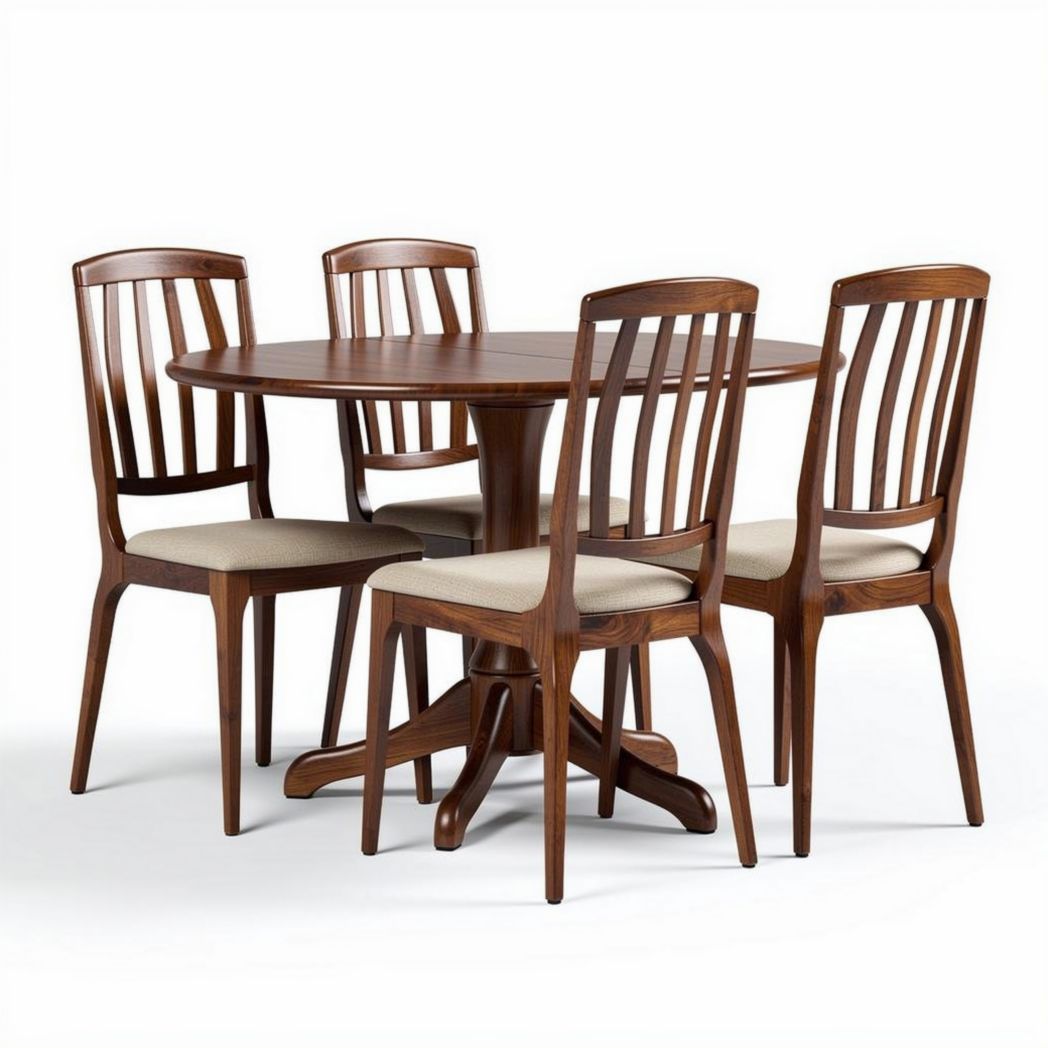 Wooden dining table set with round table and four slatted back chairs 120 x 120 x 75cm