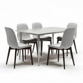 Dining table set with six chairs in grey fabric and wooden legs 150 x 90 x 75cm