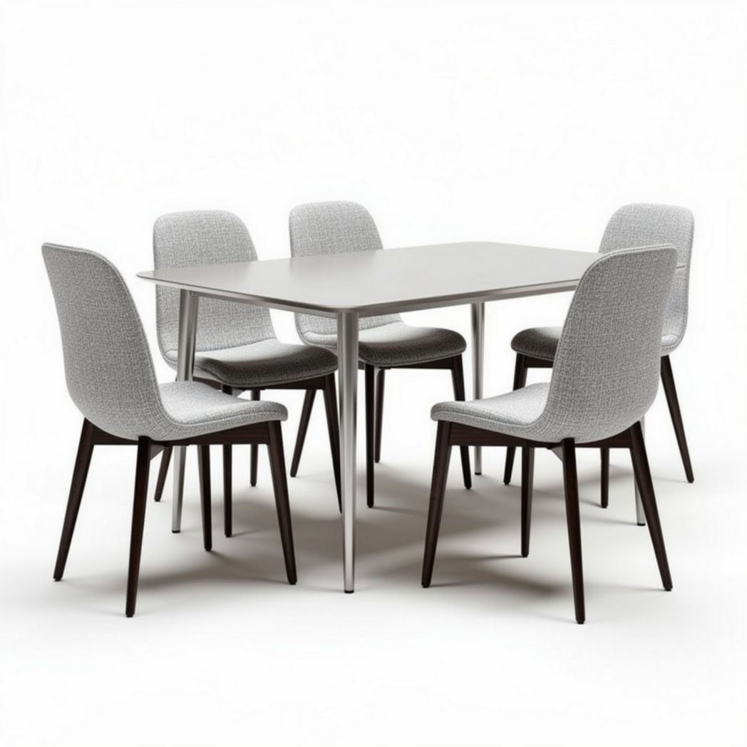 Dining table set with six chairs in grey fabric and wooden legs 150 x 90 x 75cm