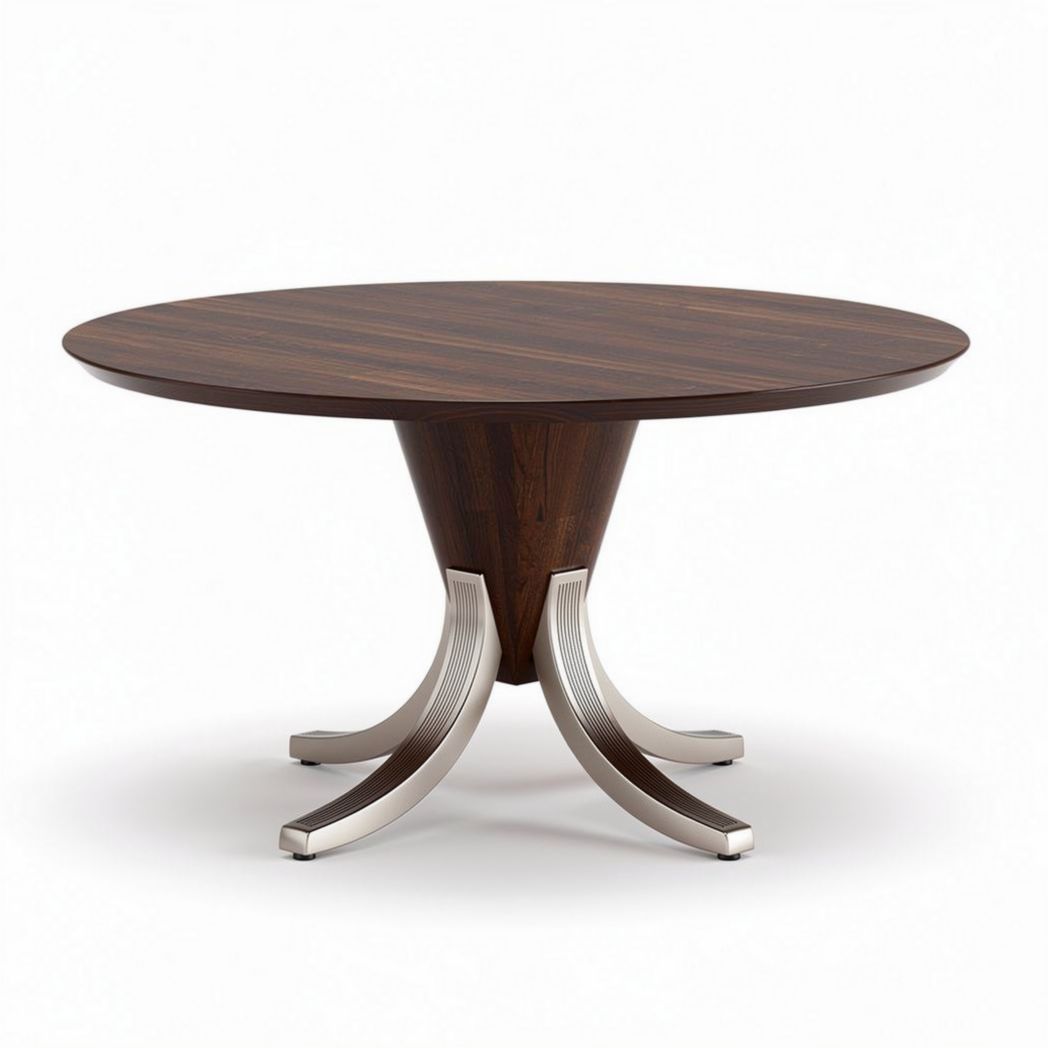 Round wooden dining table with chrome base and modern design 120 x 120 x 75cm