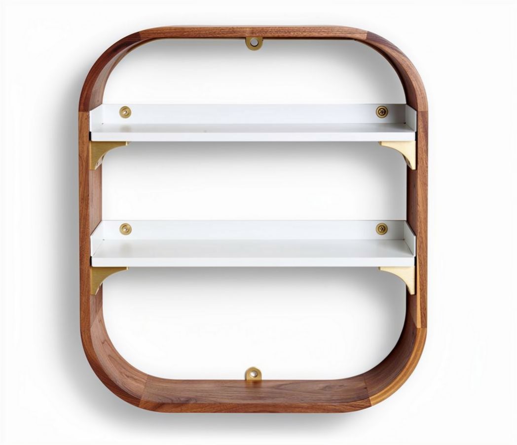 Wooden wall shelf with white shelves and brass accents 60 x 60 x 15cm