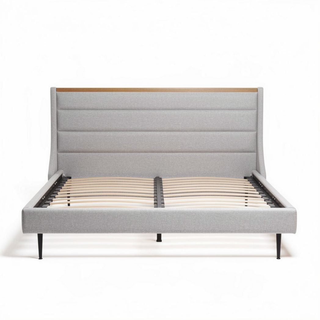 Fabric upholstered bed frame with wooden accent and slatted support 200 x 160 x 100cm