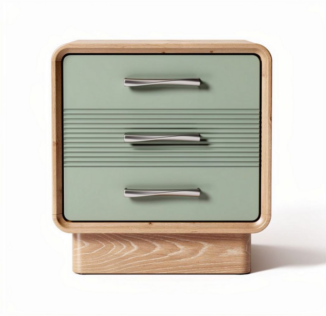 Modern wooden nightstand with three drawers in mint green and natural finish 40 x 40 x 50cm