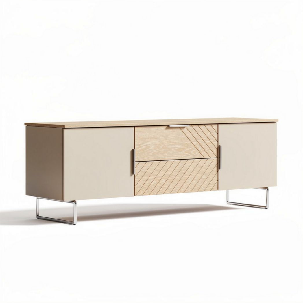 Modern beige and oak sideboard with storage drawers 140 x 40 x 50cm