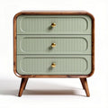 Three-drawer nightstand with green front panels and walnut frame 45 x 40 x 60cm