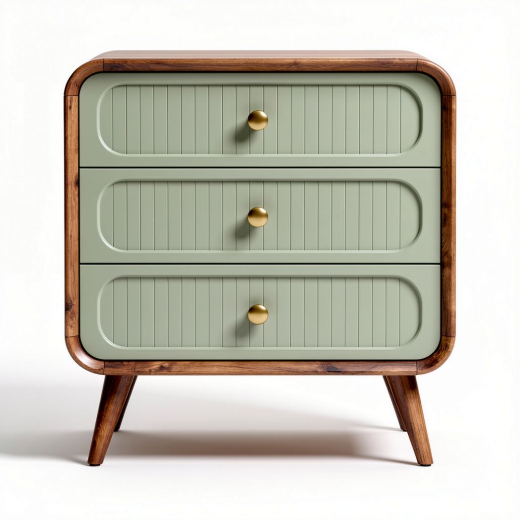 Three-drawer nightstand with green front panels and walnut frame 45 x 40 x 60cm