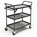 Black metal utility cart with three shelves and rolling wheels 80 x 40 x 80cm