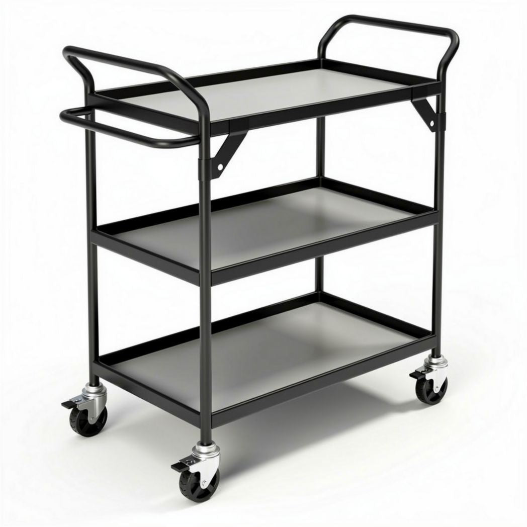 Black metal utility cart with three shelves and rolling wheels 80 x 40 x 80cm