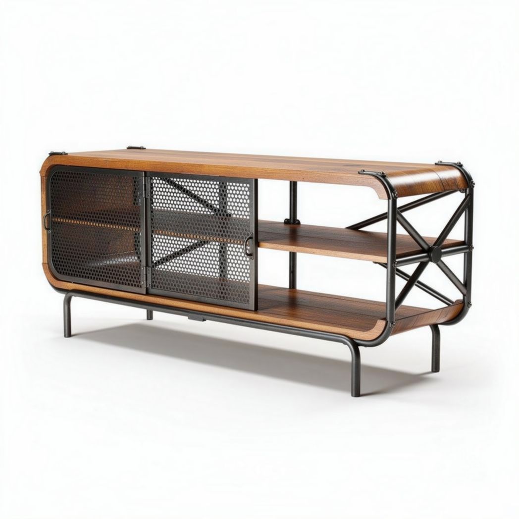 Industrial style wooden sideboard with metal frame and mesh doors 120 x 40 x 70cm