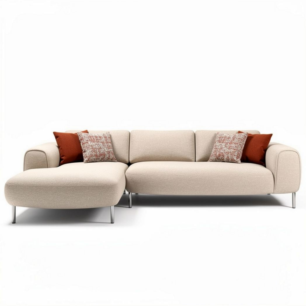Fabric sectional sofa with orange accent pillows in cream color 240 x 100 x 85cm