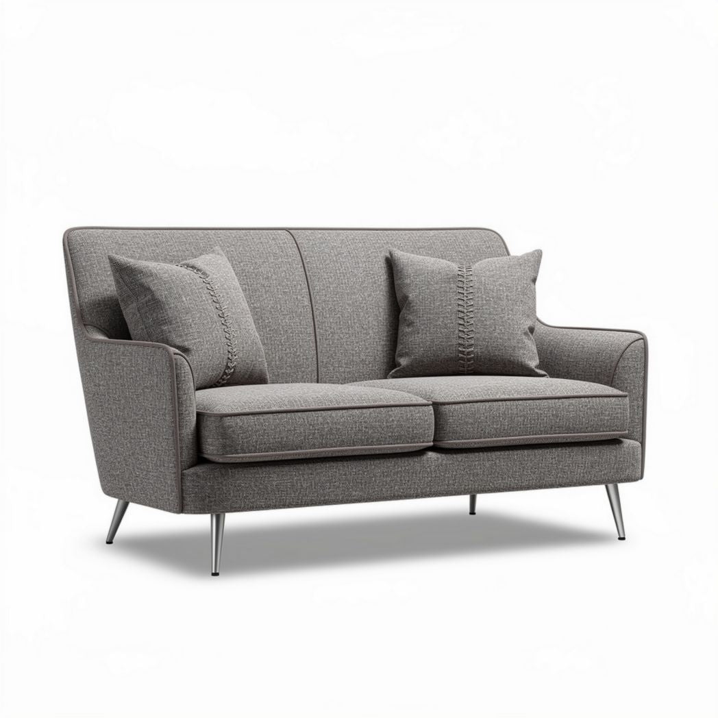 Two-seater sofa in gray fabric with cushions and metal legs 150 x 80 x 85cm
